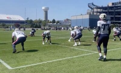 New England Patriots offensive at practice on Wednesday Sept. 11, 2024. Vederian Lowe is the left tackle on the first unit.